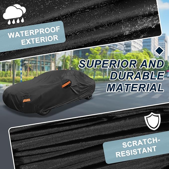 Black Heavy Duty Waterproof Car Cover for Sedan 185"-191" - All-Weather UV Protected Outdoor Full Exterior Cover with Sun/Snow/Rain Resistance