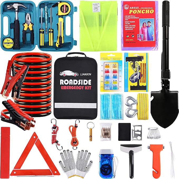 LIANXIN Roadside Emergency Car Kit, Safety Car Kit,with Jumper Cables Emergency kit | Emergency Roadside Kit for Car Warning Triangle,Folding Shovel, Safety Hammer, Tow Rope, Breakdowns fo Emergency Kit Car