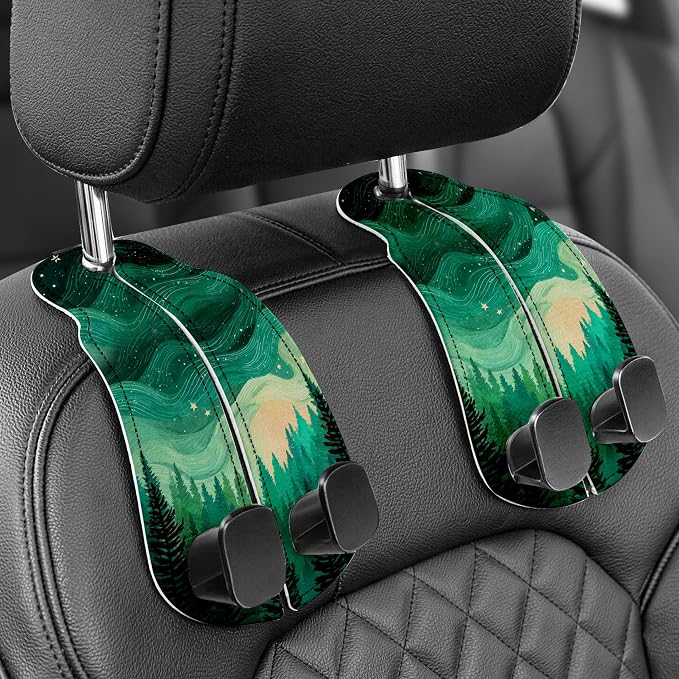 WOCOCN Purse Holder for Car, 2 Pack Heavy Duty Purse Hanger for Car, PU Leather Car Seat Hooks for Purses and Bags, Cute Forest Headrest Organizer for Handbags & Backpacks
