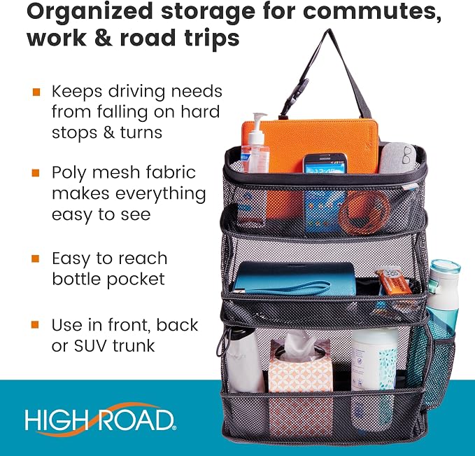 Car Storage Organizer – 3-Bin Hanging Organizer for SUV Trunk or Car Seat | High Road's Multipurpose Car Organizer Holds Driving Essentials, Kids Trip Needs or Emergency and Cleaning Supplies
