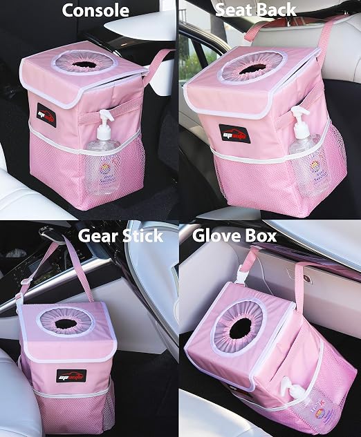 EPAuto Waterproof Car Trash Can with Lid and Pockets, 2.5 Gal, Pink | Leakproof, Collapsible Multipurpose Car Bin with 3 Side Storage Pockets, Adjustable Straps