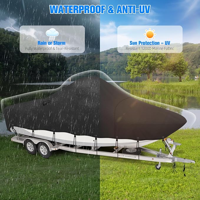 Center Console Boat Cover 16-18.5ft, 1200D Waterproof Boat Cover with Motor Cover, Trailerable Boat Cover for Center Console Boat, Heavy Duty Marine Grade UV Resistant Polyester Fabric, Black