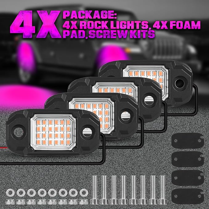 4 Pods Purple Rock Lights Underglow Light for Cars Trucks Trail Rig Lamp | 24 LED chips for each light, waterproof bottom chassis lights