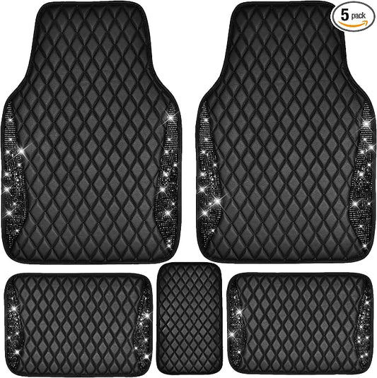 CAR PASS Bling Leather Car Mats Shining Diamond Floor Mats Sparkly Glitter Crystal Rhinestones Carpet Anti-Slip Waterproof Pad Universal Fit for Automotive SUV, Sedan, Van, 5pcs for Girl Women Black