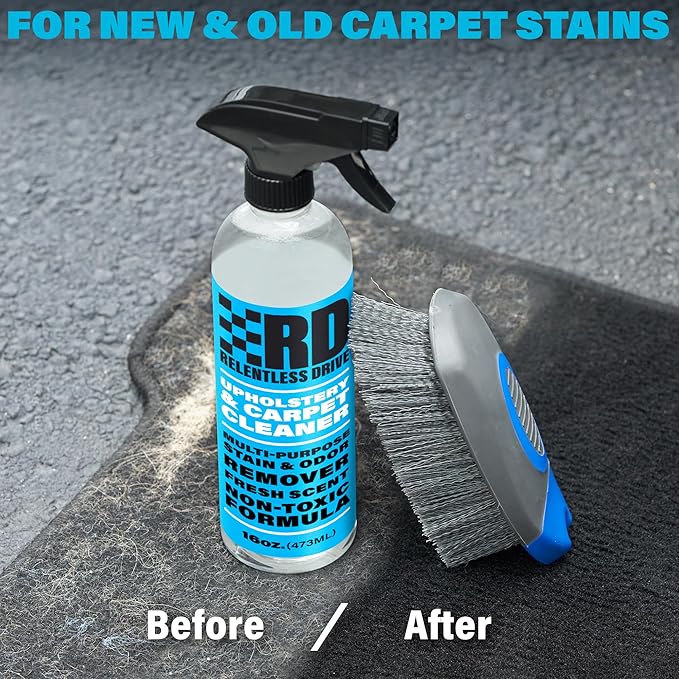 Relentless Drive Car Carpet Cleaner & Car Upholstery Cleaner | Car seat cleaner for fabric interiors, floor mats, auto upholstery with Heavy duty brush, 16oz. Works as couch & sofa cleaner