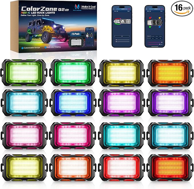 MICTUNING Q2+ MAX RGB+IC Rock Lights - 16 Pods Multi-Color DIY Effect Underglow Neon Kit, Individual Group Control, APP Music Sync, IP68 Waterproof