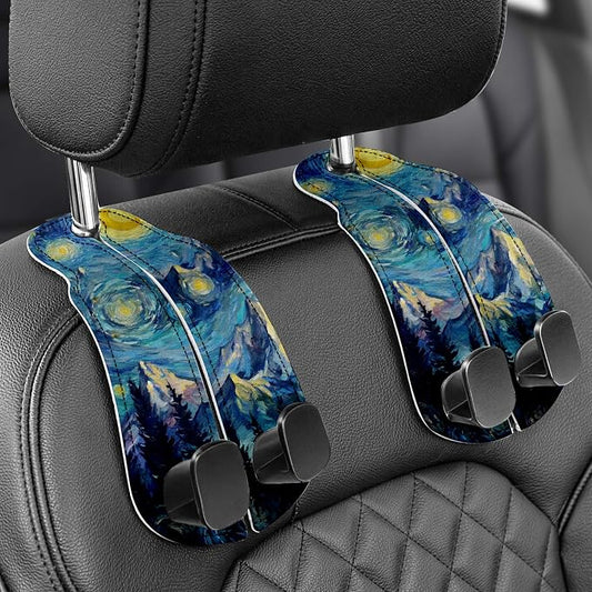WOCOCN Purse Holder for Car, 2 Pack Heavy Duty Purse Hanger for Car, PU Leather Car Seat Hooks for Purses and Bags, Cute Starry Sky Mountain Headrest Organizer for Handbags & Backpacks