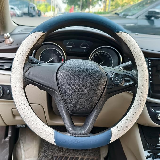 Breathable Perforated Leather Steering Wheel Cover, Universal 15-inch car Steering Wheel Grip, Soft and Comfortable, Breathable and Non-Slip, Suitable for sedans, Vans, SUVs (Blue)