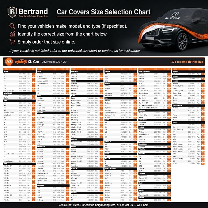 BERTRAND Heavy Duty Sedan Car Cover Waterproof All Weather - Snow, Rain & UV Outdoor Protection | Cotton-Lined, Up to 8-Point Anchoring + Door Zipper | Extra Large Sedans, Black-Orange (195x75, A3)