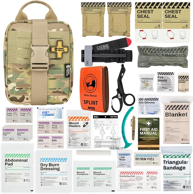 RHINO RESCUE IFAK Trauma Kit Pro with CAT Tourniquet (Camo) | TCCC Compliant, Combat-Proven, Tactical Molle Pouch, Professional First Aid Kit, Military Medical Kit, HSA/FSA Approved