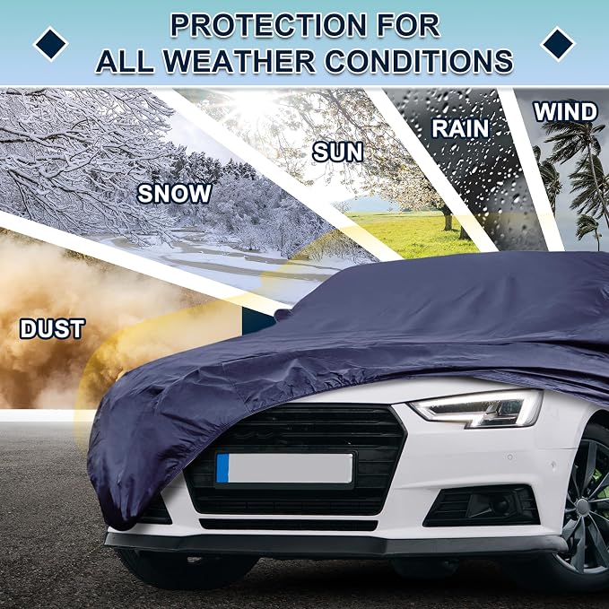Navy Blue Heavy Duty Waterproof Car Cover for Sedan 185"-191" - All-Weather UV Protected Outdoor Full Exterior Cover with Sun/Snow/Rain Resistance