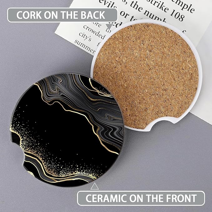 Black Gold Marble Car Coasters for Women 2 Pack,Abstract Lines Absorbent Car Coasters for Cup Holders Insert Ceramic Anti Slip with Finger Notch & Cork Base Auto Accessories Gifts