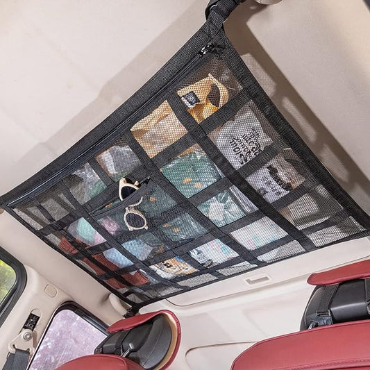Car Ceiling Cargo Net, 35.4" x 23.6" Double Layer Overhead Storage Organizer for 4 Grab Handle Vehicles,Fits Most SUVs, Vans & Trucks,Mesh Roof Pocket for Camping & Road Trips