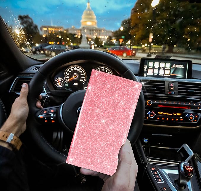 TOURSUIT Car Registration & Insurance Card Holder, Glitter Pink | Vehicle License Document Organizer, Glove Box Compartment, Interior Car Accessories, For Women Men