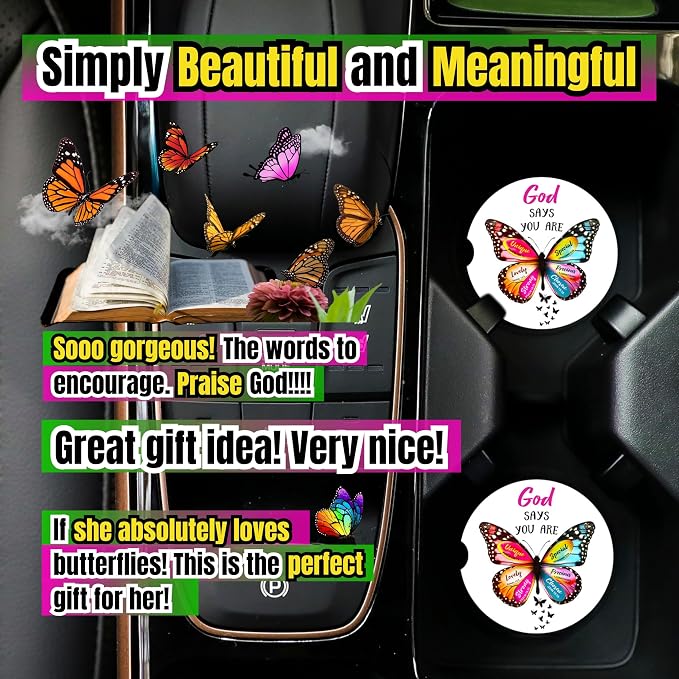 Christian Car Coasters for Cup Holders - 2 Pack Cute Butterfly Bible Verses Car Accessories for Women, Inspirational Faith Decor, Absorbent Ceramic Cup Holder Coaster for Car, Scripture Religious Gift
