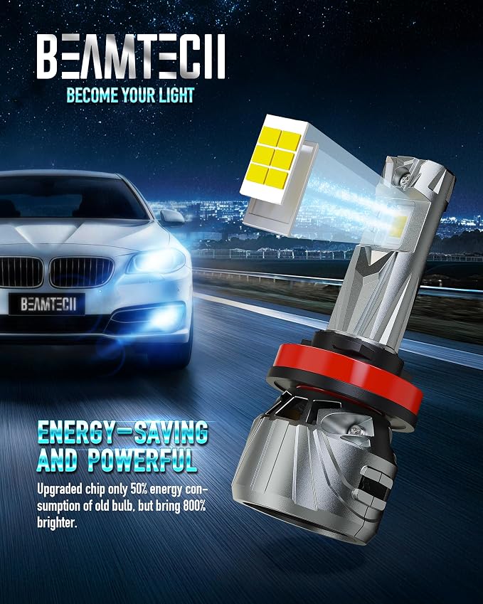 BEAMTECH H11/H8/H9 Bulb, 800% Brighter High Speed Fan 6500K Light, 2PCS | 50,000h Lifespan, 15,000rpm Turbo Fan, Liquid Cooling Tube, Aviation Aluminum Body