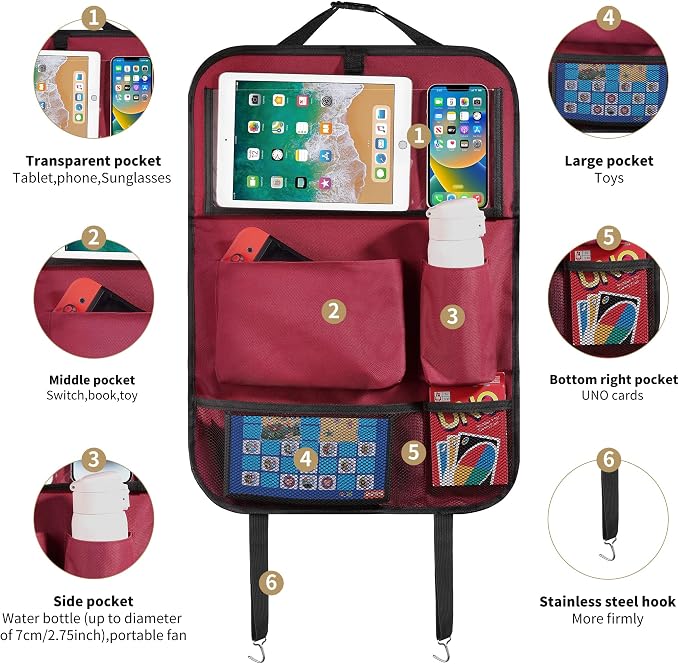 LUCMO Car Backseat Organizer with Foldable Tablet Holder,Red | 6 Storage Pockets,Foldable Food Tray,Protectors Kick Mats,Travel Accessories,Seat Cover,Road Trip Essentials