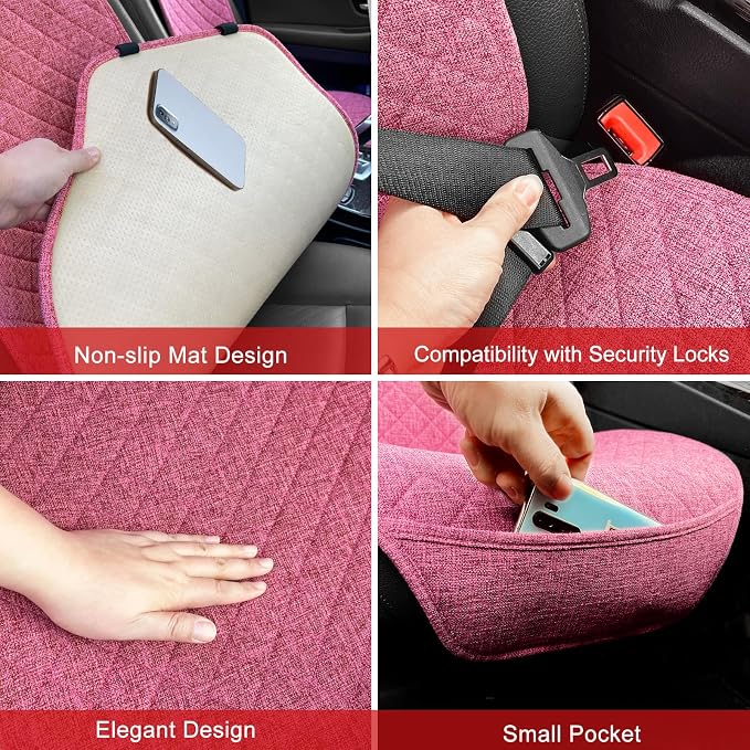 BOPUOVRE Linen Car Seat Cover - Non-Slip & Breathable - Universal Fit for Cars, Vans, SUVs, Trucks - 2 Units - Pink