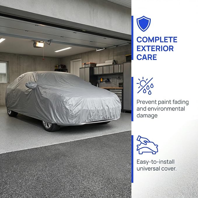 Operitacx Universal Car Cover for Sedan and SUV - All Weather Waterproof, Windproof & UV Protection - Premium Silver Coated Breathable Outdoor Full Exterior Cover