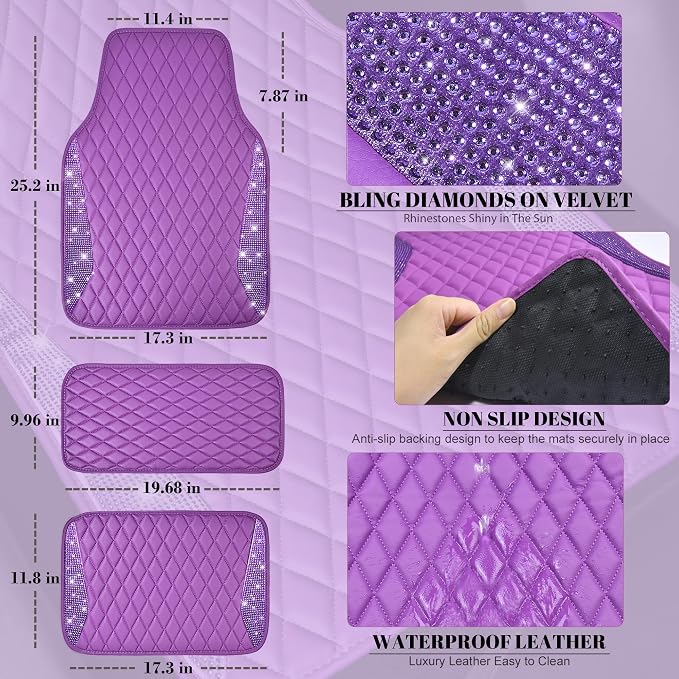 CAR PASS Bling Leather Car Mats Shining Diamond Floor Mats Crystal Rhinestone Sparkly Glitter Carpet Anti-Slip Waterproof Pad Universal Fit for Automotive SUV, Sedan, Van, 5pcs Girl Women, Purple