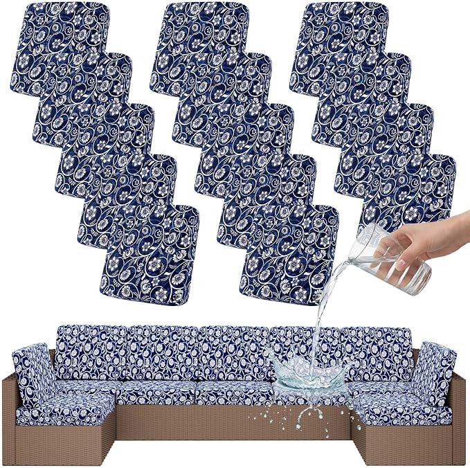 Smiry Waterproof Patio Cushion Covers, Stretch Outdoor Couch Slipcovers Replacement Washable Furniture Protector Sofa Chair Seat Cover for Dogs and Pets (14 Pcs, Navy)