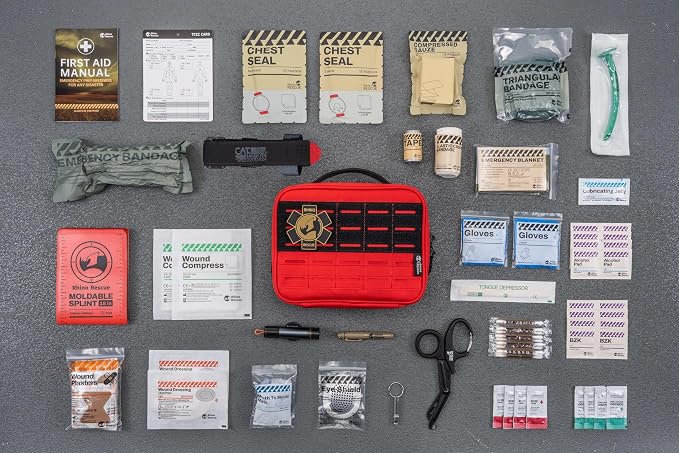 RHINO RESCUE Vehicle IFAK Trauma Kit with CAT Tourniquet Red | Car Headrest Pack, Molle System, TCCC Compliant, Trauma First Aid Kit, Vehicle/Backpack Mount, HSA/FSA Approved