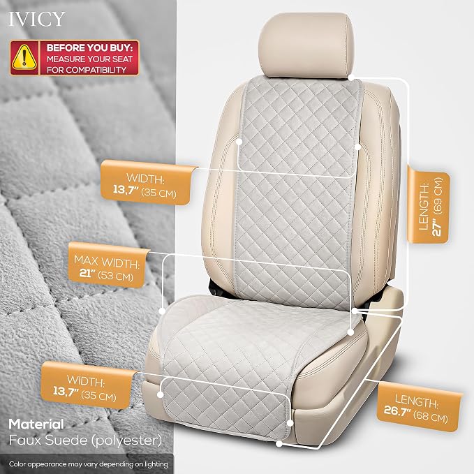 IVICY Faux Suede Front Car Seat Cover – Non-Slip Bucket Seat Protector for Most Cars, SUVs, Vans & Trucks – 1 Seat Cover, Machine Washable, Side-Airbag Friendly, Light Gray