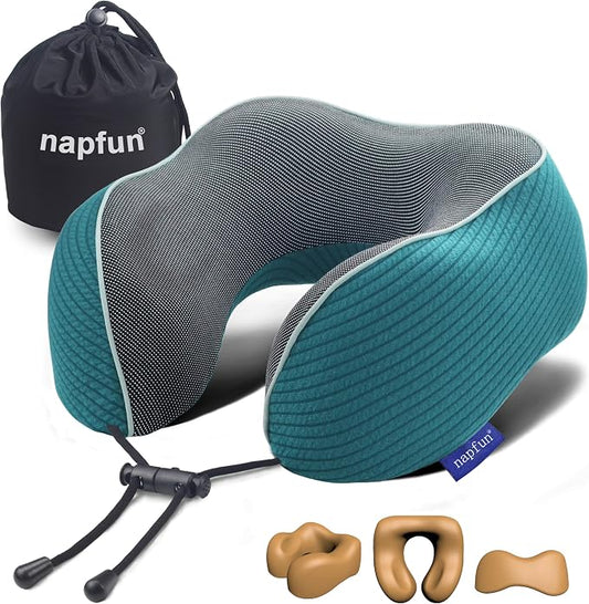 napfun Neck Pillow for Traveling, Upgraded Travel Neck Pillow for Airplane 100% Pure Memory Foam Travel Pillow for Flight Headrest Sleep, Portable Plane Accessories, Teal
