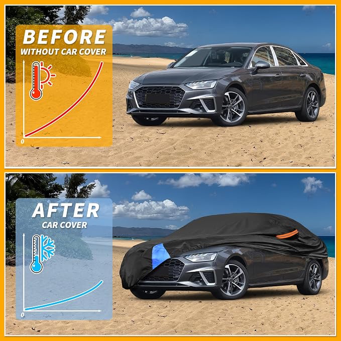 Waterproof All-Weather Universal Car Cover with Right Side Zipper, 190T Polyeste Black Blue Fits for Sedan 177" to 185" Length