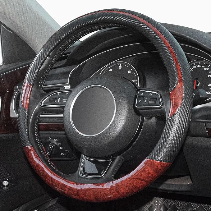 Wood Grain Steering Wheel Cover Red Universal Microfiber Leather, Suitable for 14 1/2-15 inch Comfortable Anti-Slip, Good Breathable and Odorless Car Steering Wheel Cover…