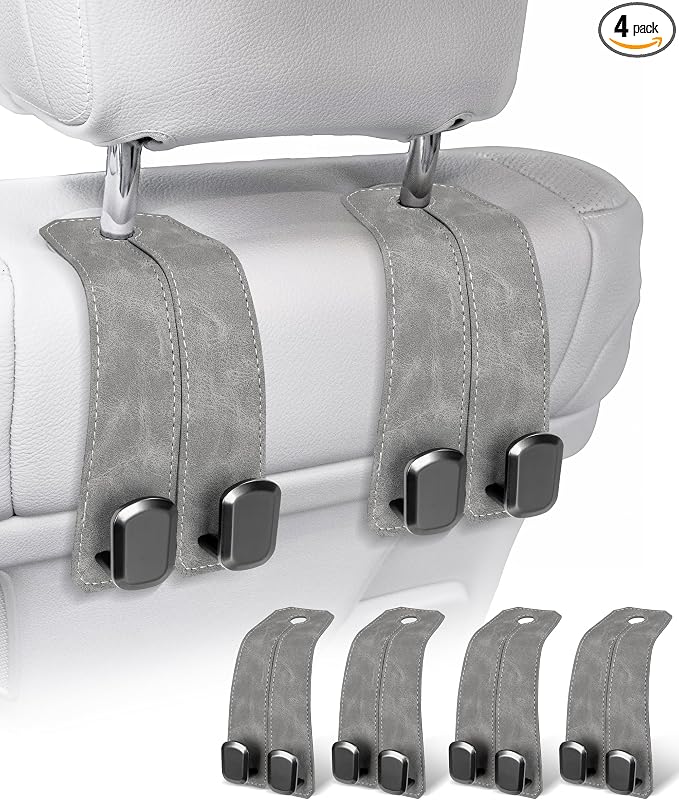 Car Purse Holder - Luxurious Leather, 4PCS Headrest Hooks with 100% Metal Hangers for Seat, Multifunctional Car Bag Hooks, Grey