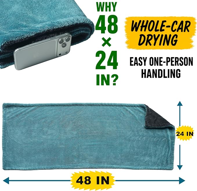 teworld® Car Drying Towel, Extra Large 48 x 24 Inch, 1400 GSM, Dual-Color | Twisted Loop Microfiber Towel for Cars - Absorbent Car Dry Towel and Car Wash Towel for Streak-Free, Paint-Safe Car Detailing