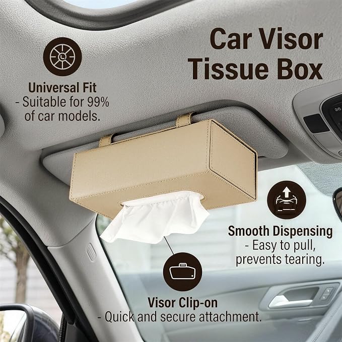 Car Visor Tissue Holder - Universal Hanging Auto Napkin Dispenser with Metal Clip, Multi-Position Tissue Box for Door or Seat Back,Premium Car Interior Accessories for Safe Driving(Beige)