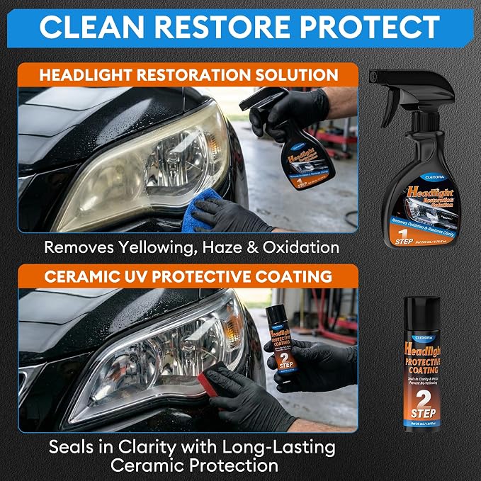 Headlight Restoration Kit, Complete DIY Car Headlight Cleaner, Restorer and Polish for Yellowing & Oxidation, Restores Like-New Clarity with UV Clear Coat and Accessories
