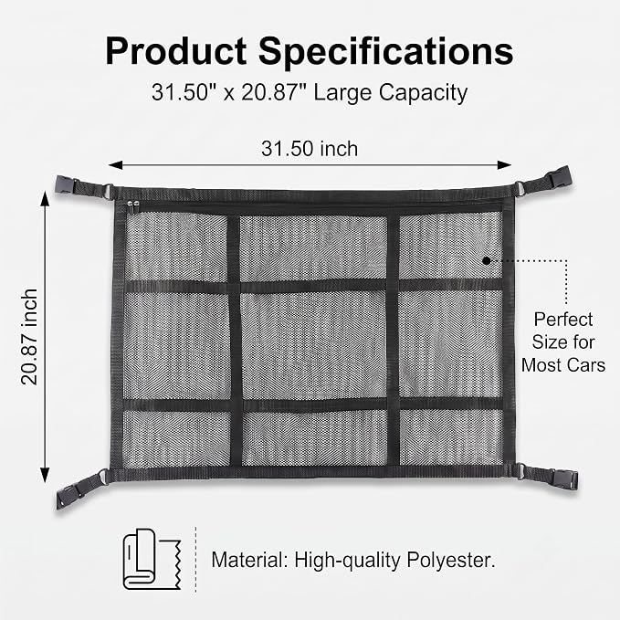 Car Ceiling Cargo Cet, 31.50" × 20.87" Multifunctional Car Roof Hanging Organizer, Automotive Top Storage Net, Wide Application for Different Vehicles and Occasions (Black)