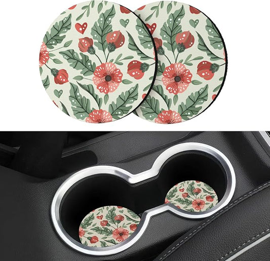 Car Coasters for Drinks Absorbent，Cute Car Accessories for Women and Lady，2 Pack 2.95inch Car Cup Holder Coasters，Universal Non Slip Cup Holder Insert Coaster (Red Flower)