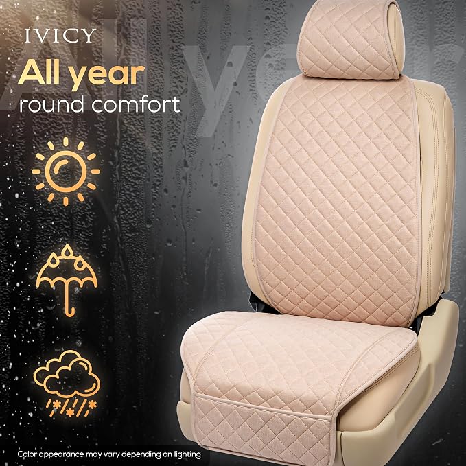 IVICY Faux Linen Front Car Seat Cover – Non-Slip Bucket Seat Protector for Most Cars, SUVs, Vans & Trucks – 1 Seat Cover, Machine Washable, Side-Airbag Friendly, Light Beige