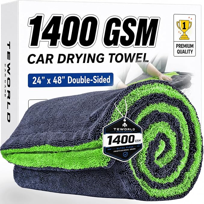 teworld® Car Drying Towel, Extra Large 48 x 24 Inch, 1400 GSM, Dual-Color | Twisted Loop Microfiber Towel for Cars - Absorbent Car Dry Towel and Car Wash Towel for Streak-Free, Paint-Safe Car Detailing
