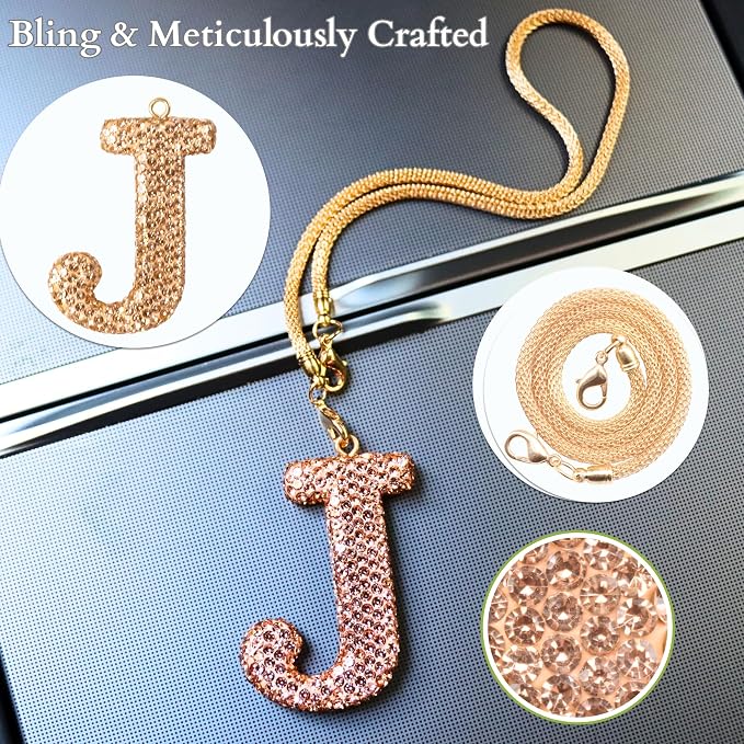 Bling Car Accessories for Women Letter Charm, Rainbow Crystal Rearview Mirror Pendant, Cute Diamond Rhinestone Car Decor, Lucky Gift for Women(J, Champagne Gold)