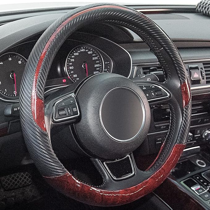 Wood Grain Steering Wheel Cover Red Universal Microfiber Leather, Suitable for 14 1/2-15 inch Comfortable Anti-Slip, Good Breathable and Odorless Car Steering Wheel Cover…