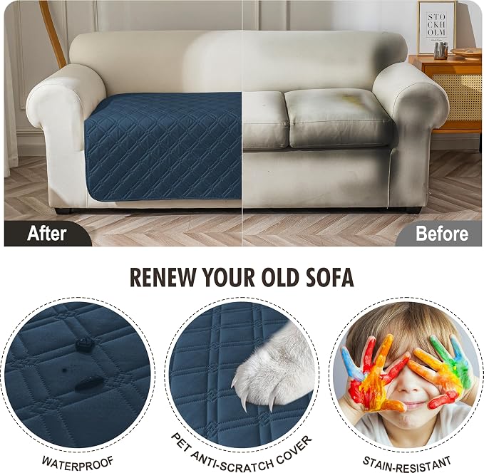 Genina Waterproof Couch Cover, Washable Anti-Slip 67 inch Sofa Covers with 3 Cushions, Sectional Couch Covers for Pets Friendly, Sofa Slipcovers for Dogs Cats, (67inch/Peacock Blue)