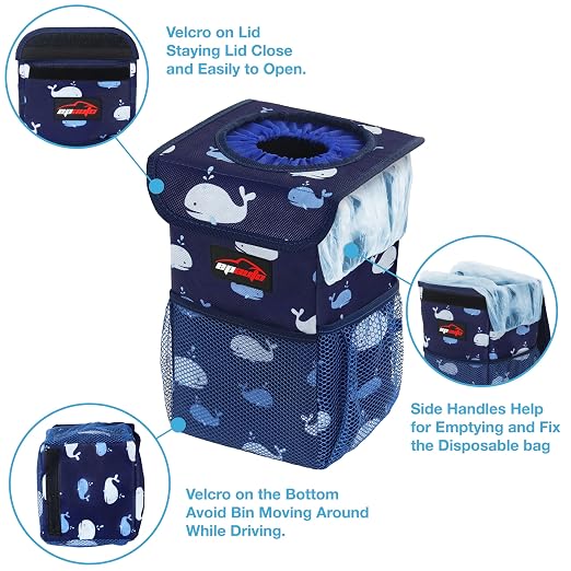 EPAuto Waterproof Car Trash Can with Lid and Pockets, 1.8 Gal, Blue | Leakproof, Collapsible Multipurpose Car Bin with 3 Side Storage Pockets, Adjustable Straps