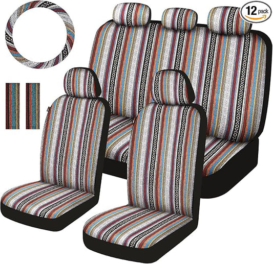 Baja Saddle Blanket Car Seat Covers Full Set with Seat Belt Pads and Steering Wheel Cover, Washable Breathable Striped Woven Cloth Seat Covers for Cars, SUV, Truck, Large Size(Red)
