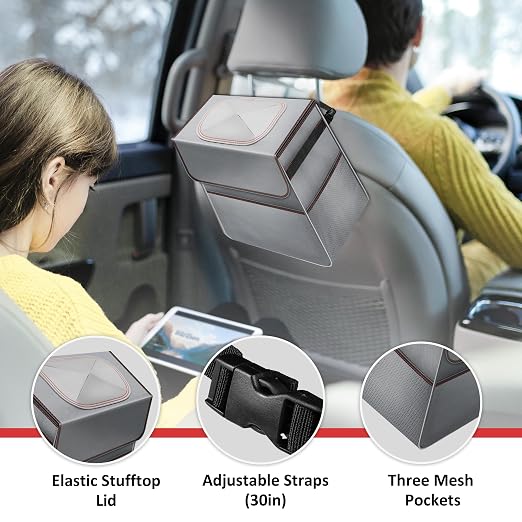 Healsmart 2 Gallon Car Trash Can Lid and Storage Pockets, Leak-Proof Collapsible and Portable Organizer, Multipurpose Garbage Bin with Adjustable Straps, Grey