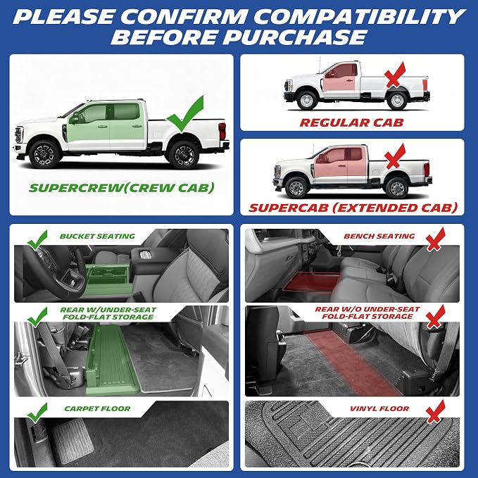 Michelin Vehicle Mats, Premier Series All-Weather TPE Custom Fit Liner for 2017-2026 Ford F250/F350/F450 Super Duty Crew Cab Bucket Seat Carpet Floor with Under Seat Storage
