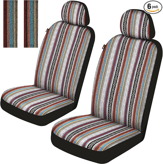 Baja Saddle Blanket Car Seat Covers Front Set with Seat Belt Pads, Washable Breathable Striped Woven Cloth Seat Covers for Cars, SUV, Truck, Airbag Compatible(Red)