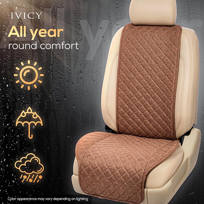 IVICY Faux Linen Front Car Seat Cover – Non-Slip Bucket Seat Protector for Most Cars, SUVs, Vans & Trucks – 1 Seat Cover, Machine Washable, Side-Airbag Friendly, Light Brown