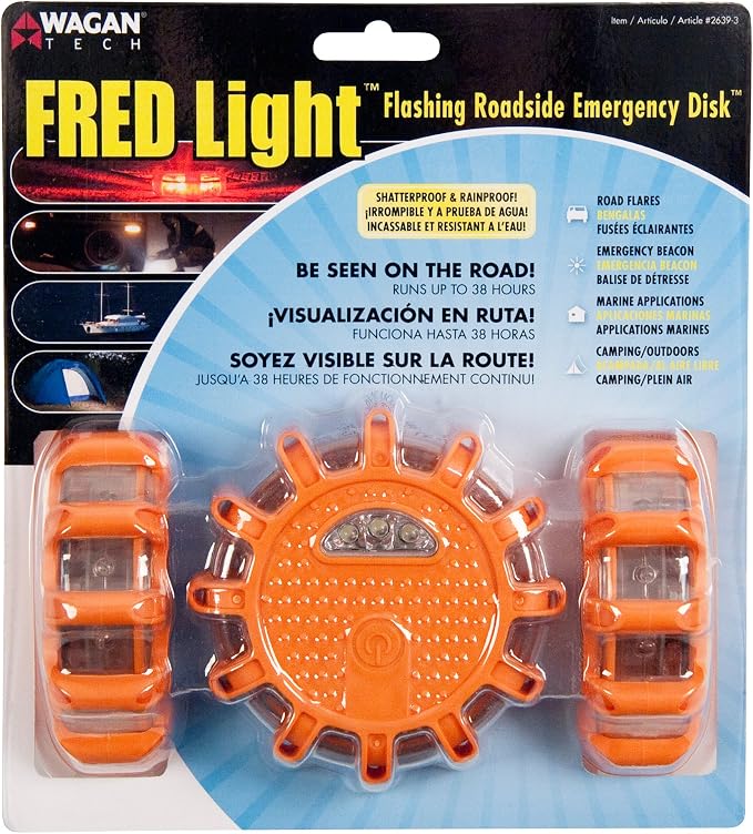 Wagan EL2639-3 FRED Flashing Roadside Emergency Disc LED Flare 9 Flash Modes for Roadside Security, Warning Flashing with Magnet and Hook for Vehicles and Boats