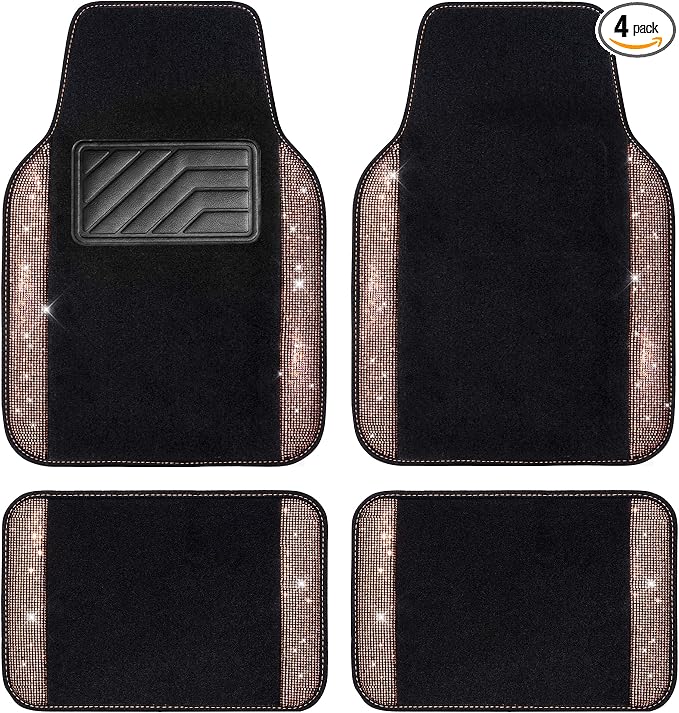 CAR PASS Bling Rhinestone Diamond Car Floor Mat, Crystal Sparkly Shining Glitter Carpet Waterproof Anti-Slip PVC Heel Pad, Universal for Interior Auto SUV,Sedan,Van,4pcs Girl Women Men, Champagne Gold