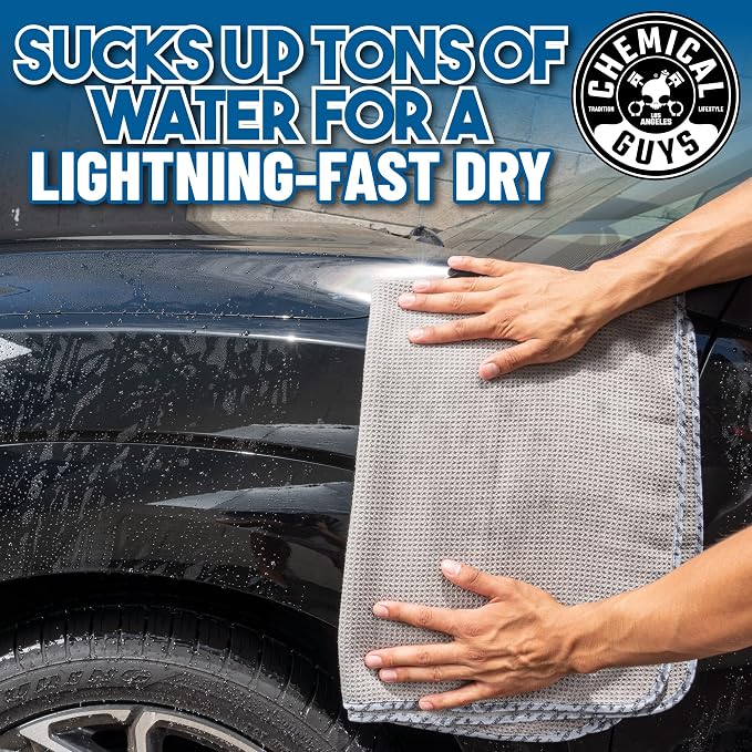 Chemical Guys Waffle Weave Gray Matter Microfiber Drying Towel - 25" x 36", Premium Blend Microfiber Towel with Soft-Banded Edging for Scratch-Free Car Drying, Ultra Absorbent | Waffle-weave towel with soft-banded edges soaks up sheeting water for a fa...